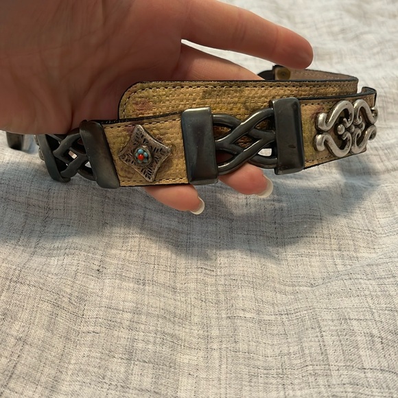 Streets Ahead Santa Monica tan leather belt with silver, turquoise, and …